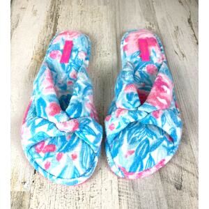 Lilly Pulitzer Womens 9/10 Pink Blue Little Peony Terry Velour Open Toe Slippers